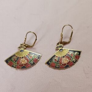 Artisan Gold and Red Floral Fan Earrings